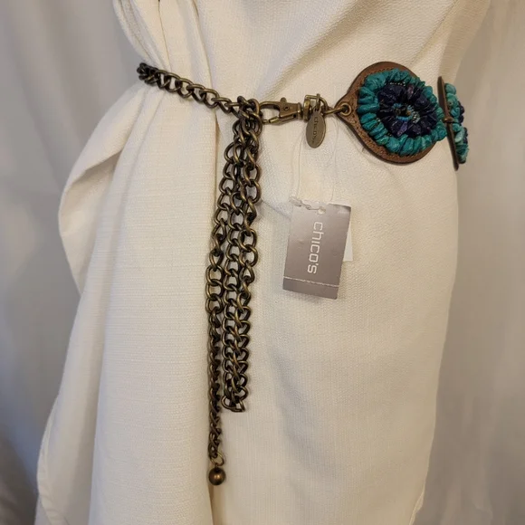Chico's Leather Bronze Hip Belt Torquoise Teal Blue Stones Chain Concho Boho Y2K - Picture 3 of 7